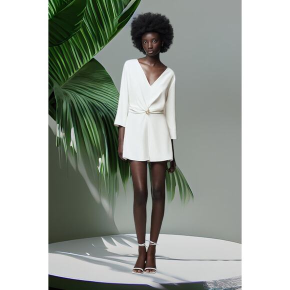 (60% OFF) NWT Zara Jumpsuit Gold Jewel Trim Oyster 3/4 Sleeve Small - Picture 8 of 9